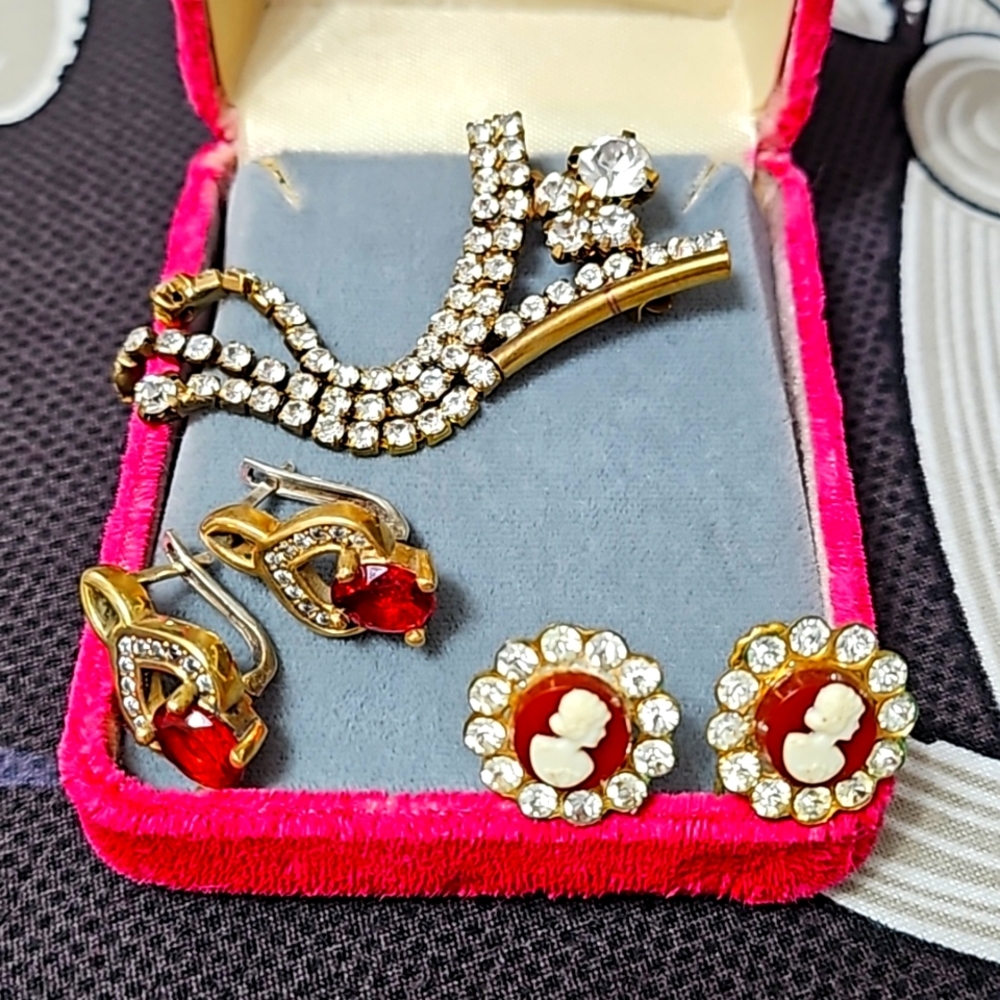 3 vintage pieces, Coro earrings, gold filled earrings w/red glass stones,brooch